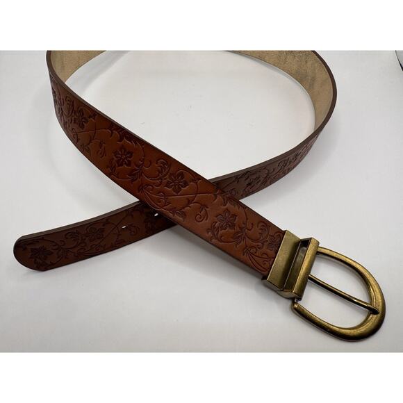 Reversible Brown Floral Embossed Leather Belt Metallic Gold Boho Brass Buckle main image 5